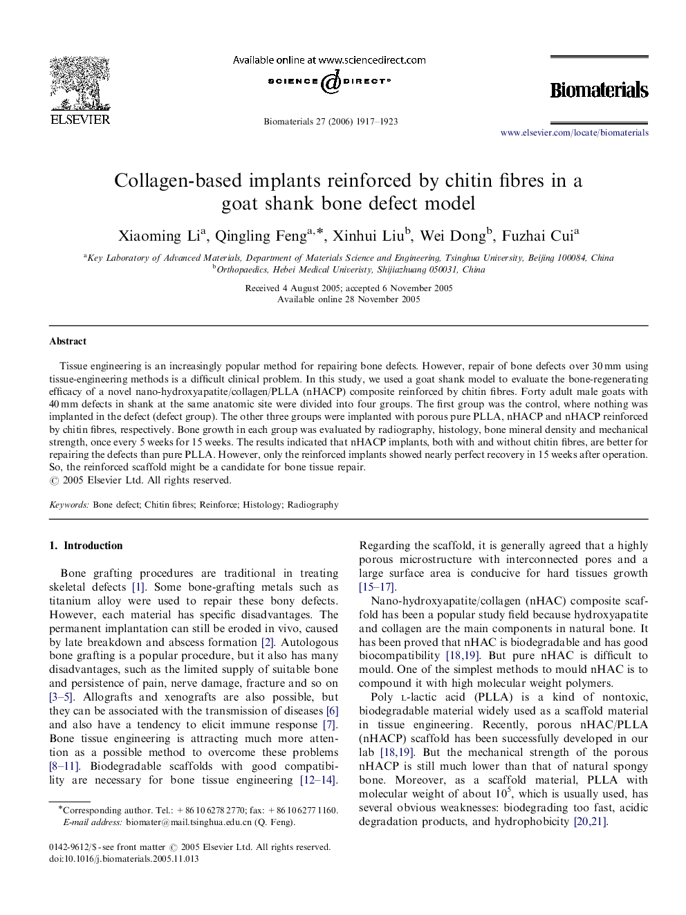 Collagen-based implants reinforced by chitin fibres in a goat shank bone defect model