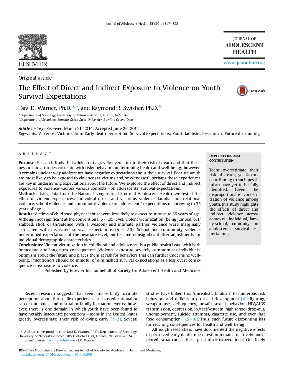 The Effect of Direct and Indirect Exposure to Violence on Youth Survival Expectations