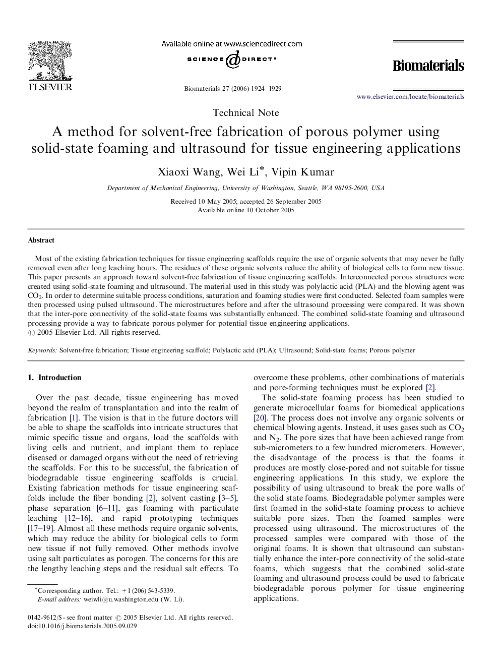 A method for solvent-free fabrication of porous polymer using solid-state foaming and ultrasound for tissue engineering applications