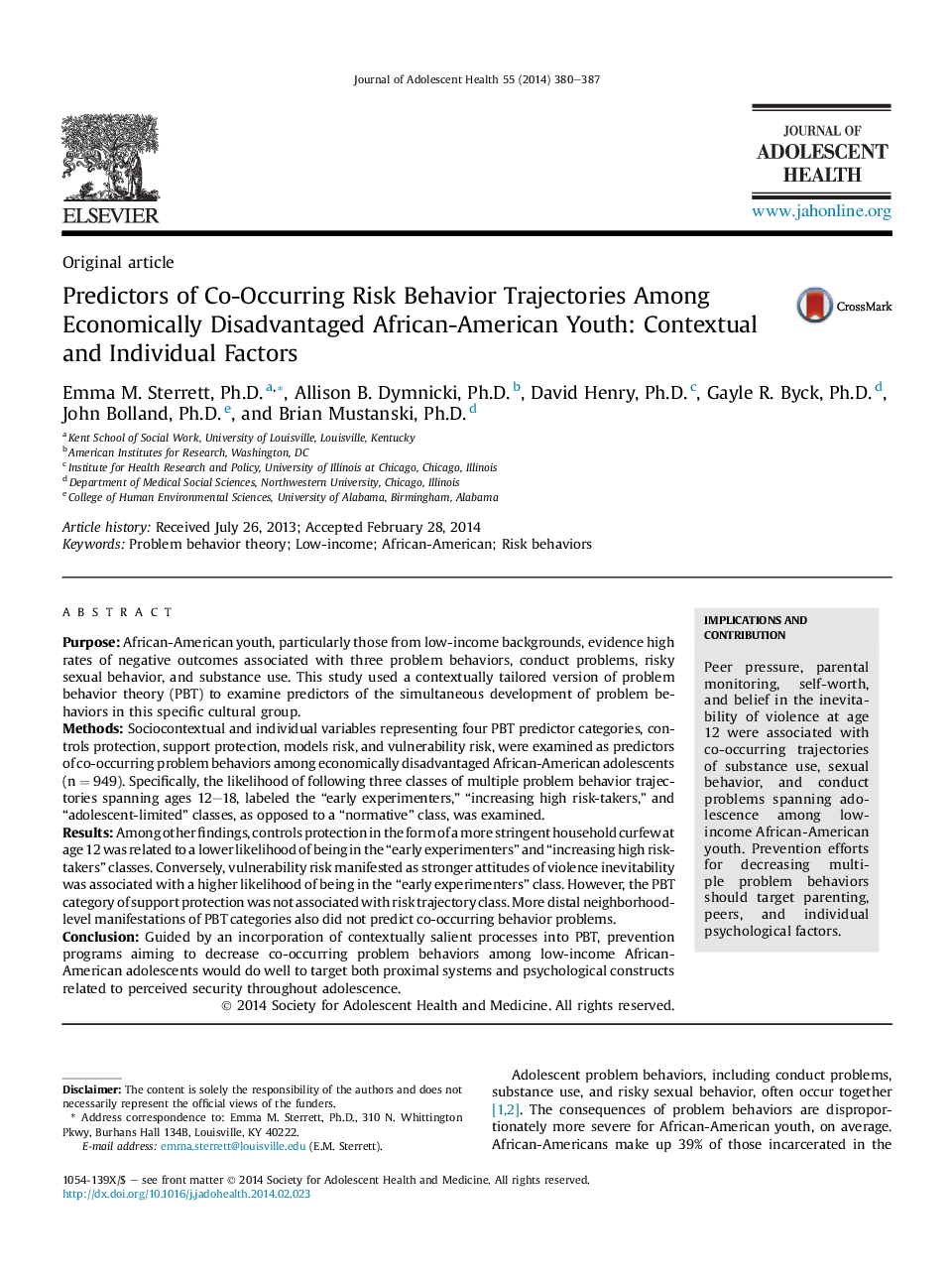 Predictors of Co-Occurring Risk Behavior Trajectories Among Economically Disadvantaged African-American Youth: Contextual and Individual Factors 