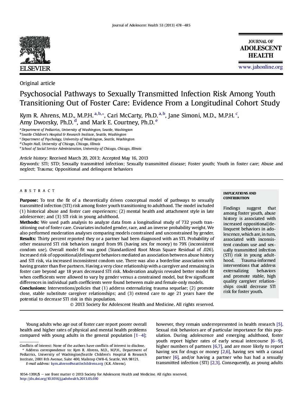 Psychosocial Pathways to Sexually Transmitted Infection Risk Among Youth Transitioning Out of Foster Care: Evidence From a Longitudinal Cohort Study 