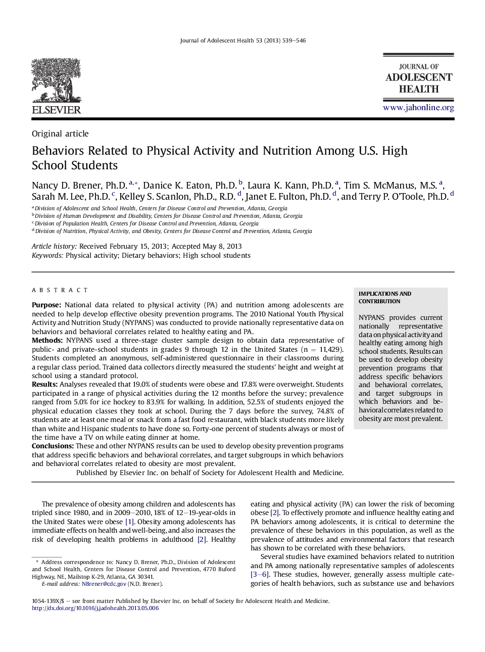عکس صفحه اول مقاله: Behaviors Related to Physical Activity and Nutrition Among U.S. High School Students Behaviors Related to Physical Activity and Nutrition Among U.S. High School Students