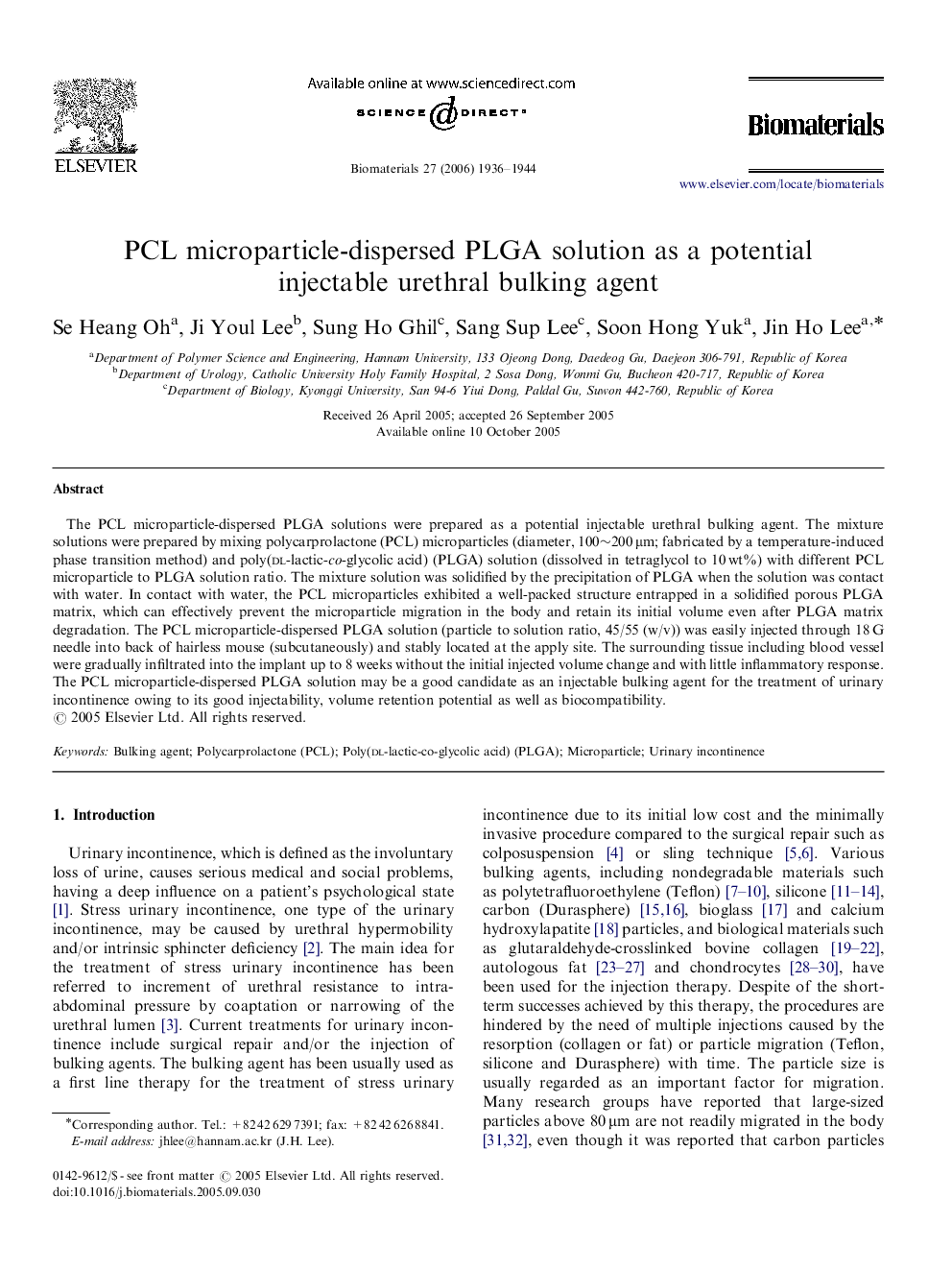 PCL microparticle-dispersed PLGA solution as a potential injectable urethral bulking agent