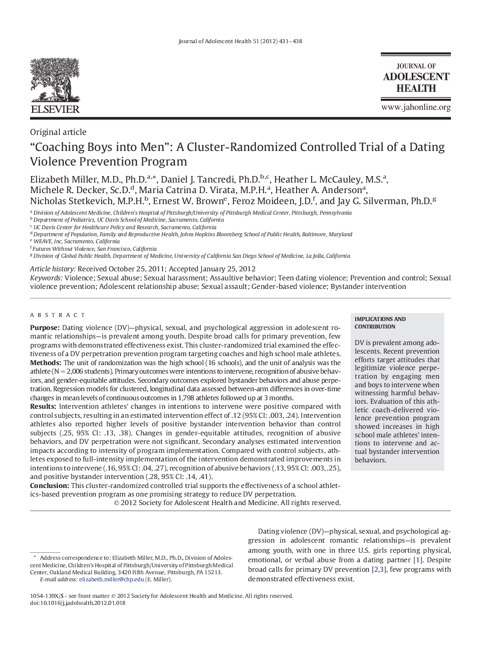 “Coaching Boys into Men”: A Cluster-Randomized Controlled Trial of a Dating Violence Prevention Program