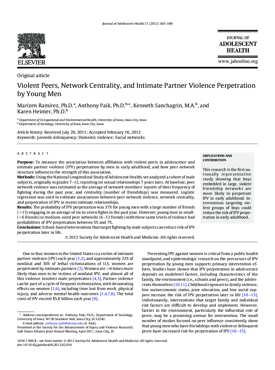 Violent Peers, Network Centrality, and Intimate Partner Violence Perpetration by Young Men