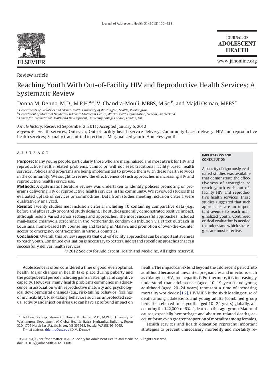 Reaching Youth With Out-of-Facility HIV and Reproductive Health Services: A Systematic Review