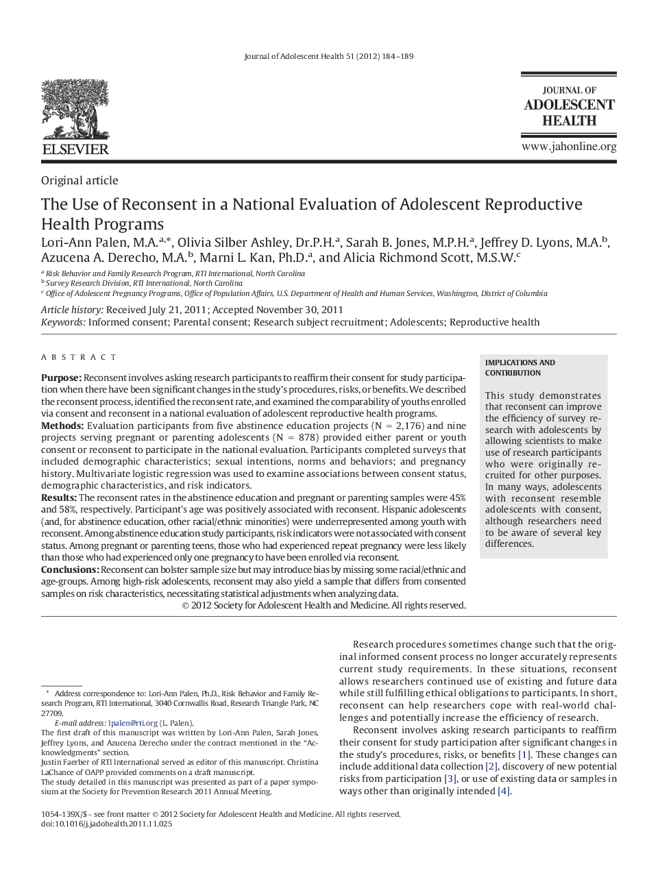 The Use of Reconsent in a National Evaluation of Adolescent Reproductive Health Programs 