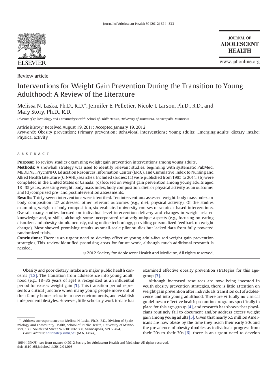 Interventions for Weight Gain Prevention During the Transition to Young Adulthood: A Review of the Literature