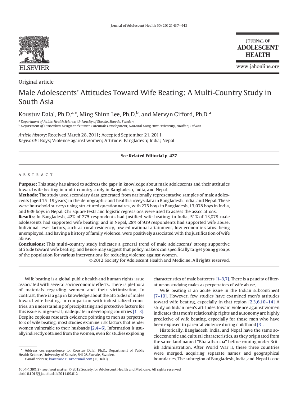 Male Adolescents' Attitudes Toward Wife Beating: A Multi-Country Study in South Asia