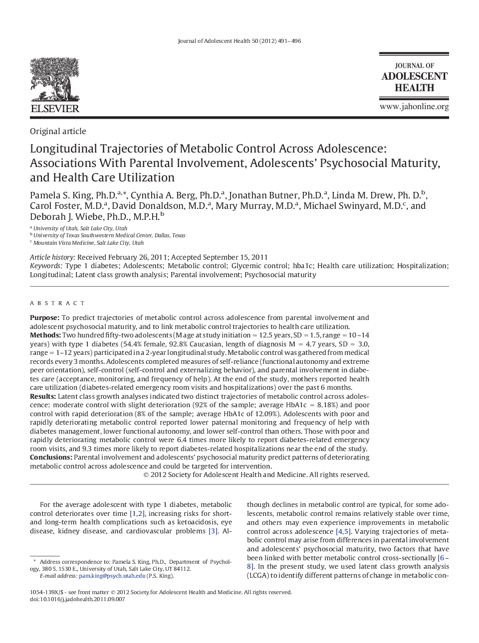 Longitudinal Trajectories of Metabolic Control Across Adolescence: Associations With Parental Involvement, Adolescents' Psychosocial Maturity, and Health Care Utilization