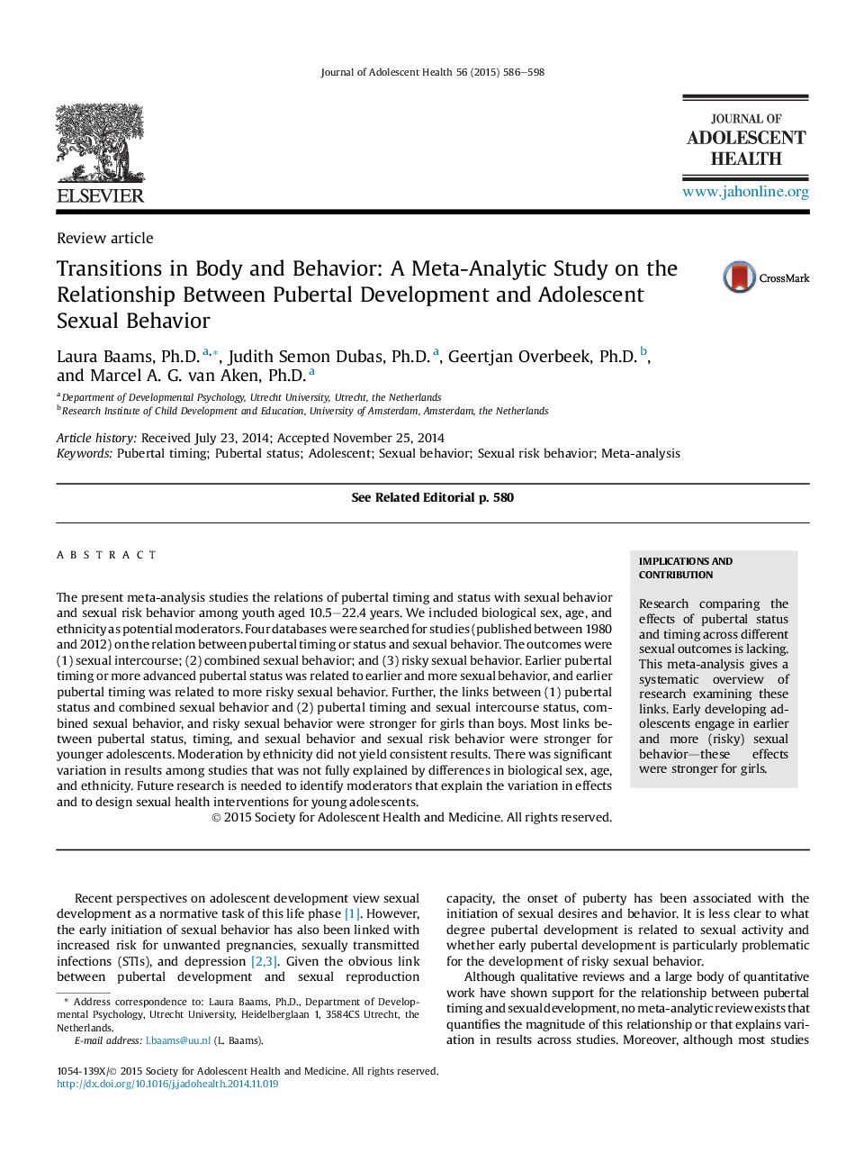 Transitions in Body and Behavior: A Meta-Analytic Study on the Relationship Between Pubertal Development and Adolescent Sexual Behavior