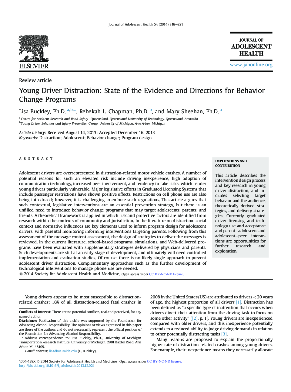 Young Driver Distraction: State of the Evidence and Directions for Behavior Change Programs 