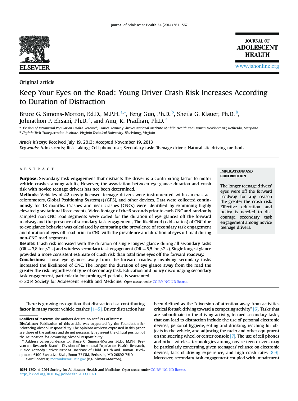 Keep Your Eyes on the Road: Young Driver Crash Risk Increases According to Duration of Distraction 