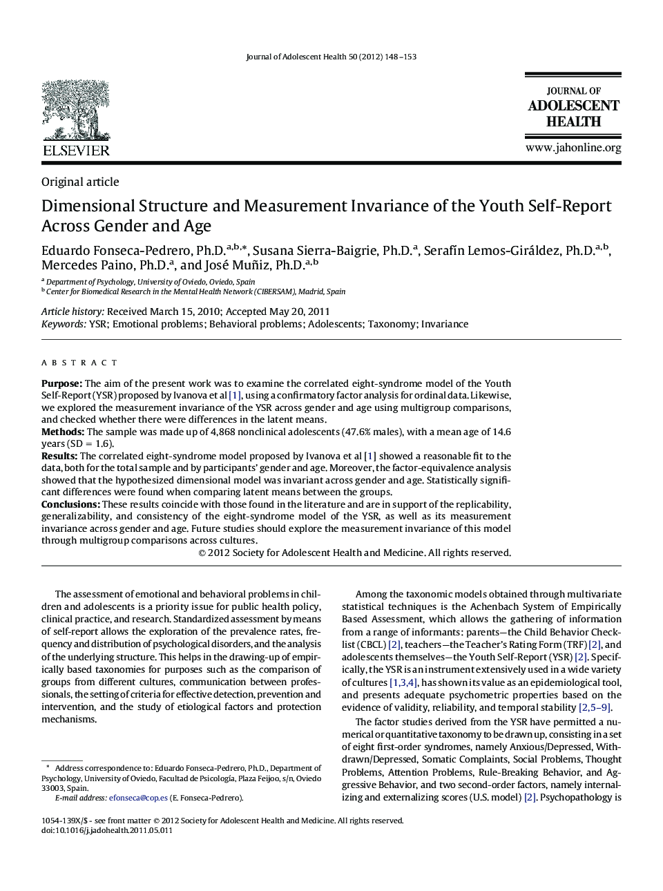 عکس صفحه اول مقاله: Dimensional Structure and Measurement Invariance of the Youth Self-Report Across Gender and Age Dimensional Structure and Measurement Invariance of the Youth Self-Report Across Gender and Age