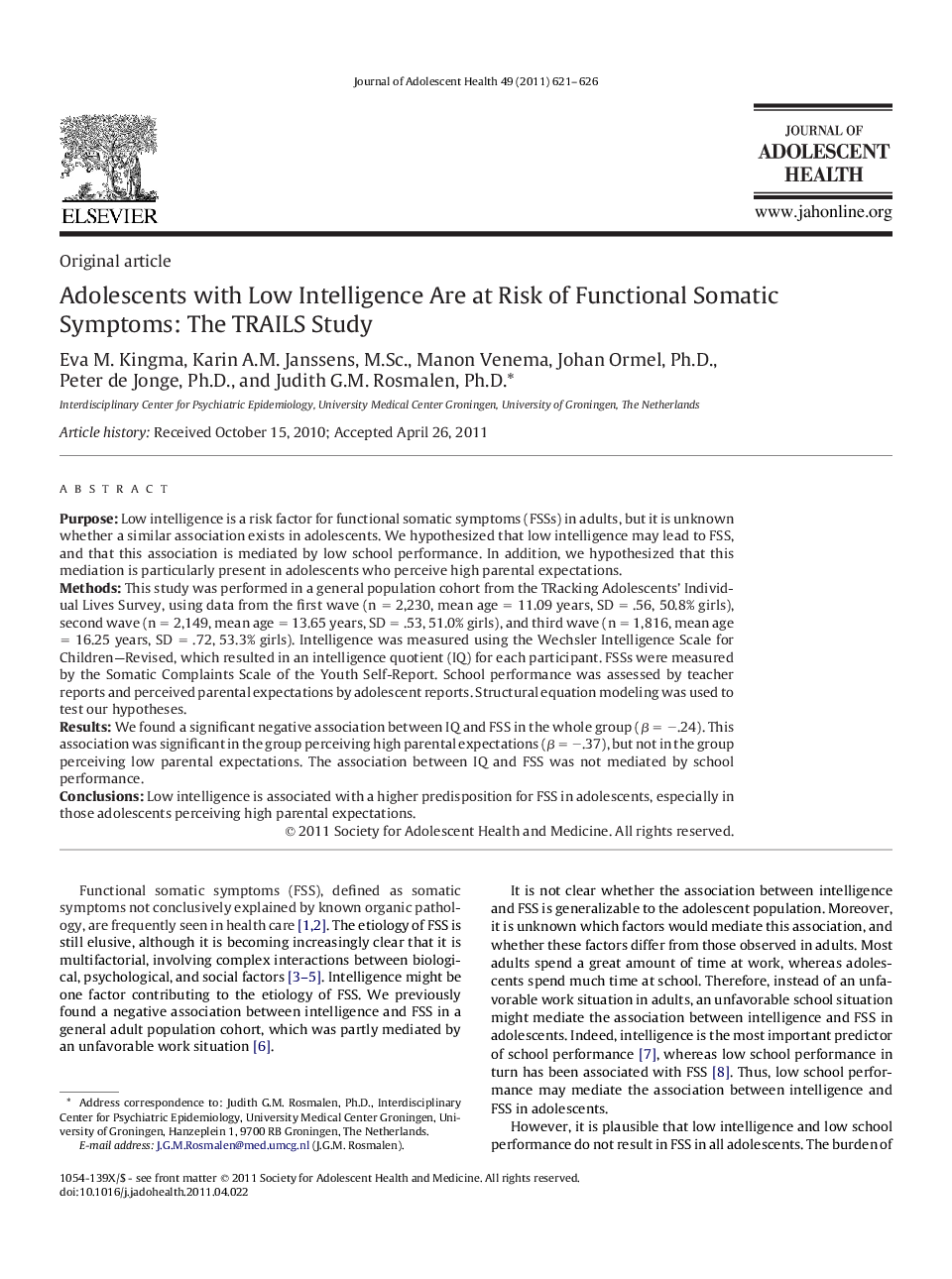 Adolescents with Low Intelligence Are at Risk of Functional Somatic Symptoms: The TRAILS Study
