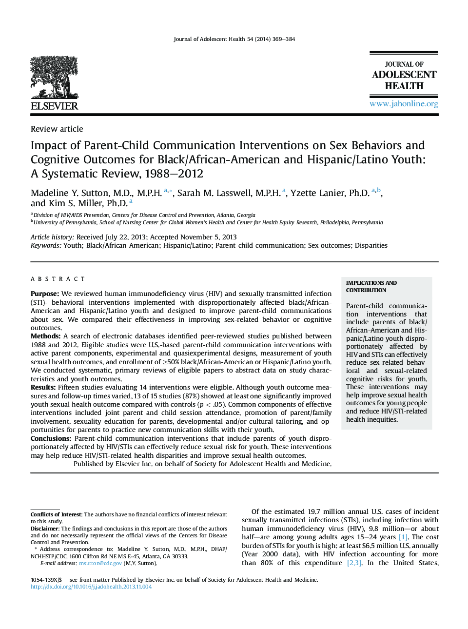 Impact of Parent-Child Communication Interventions on Sex Behaviors and Cognitive Outcomes for Black/African-American and Hispanic/Latino Youth: A Systematic Review, 1988–2012 