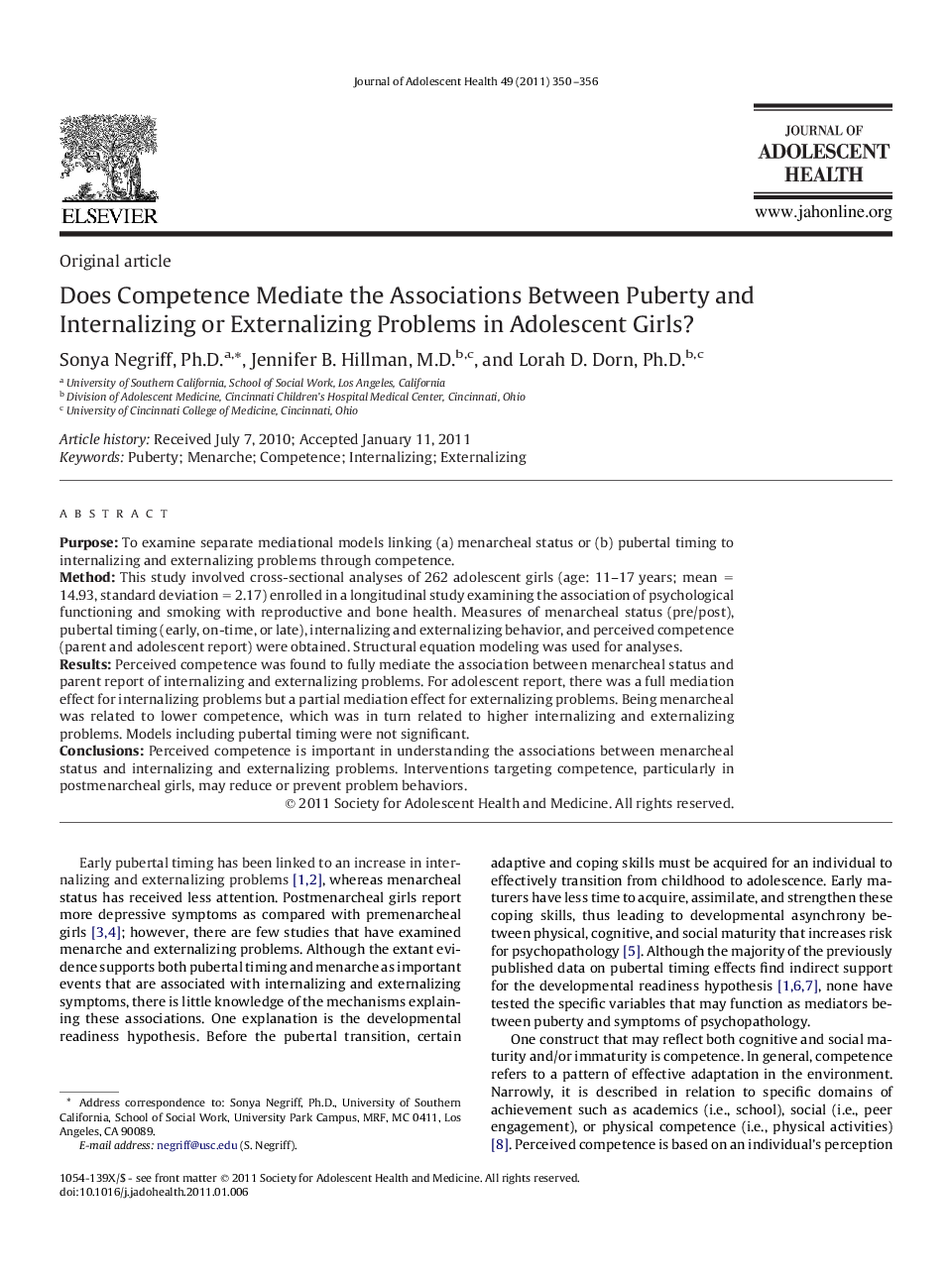 Does Competence Mediate the Associations Between Puberty and Internalizing or Externalizing Problems in Adolescent Girls?