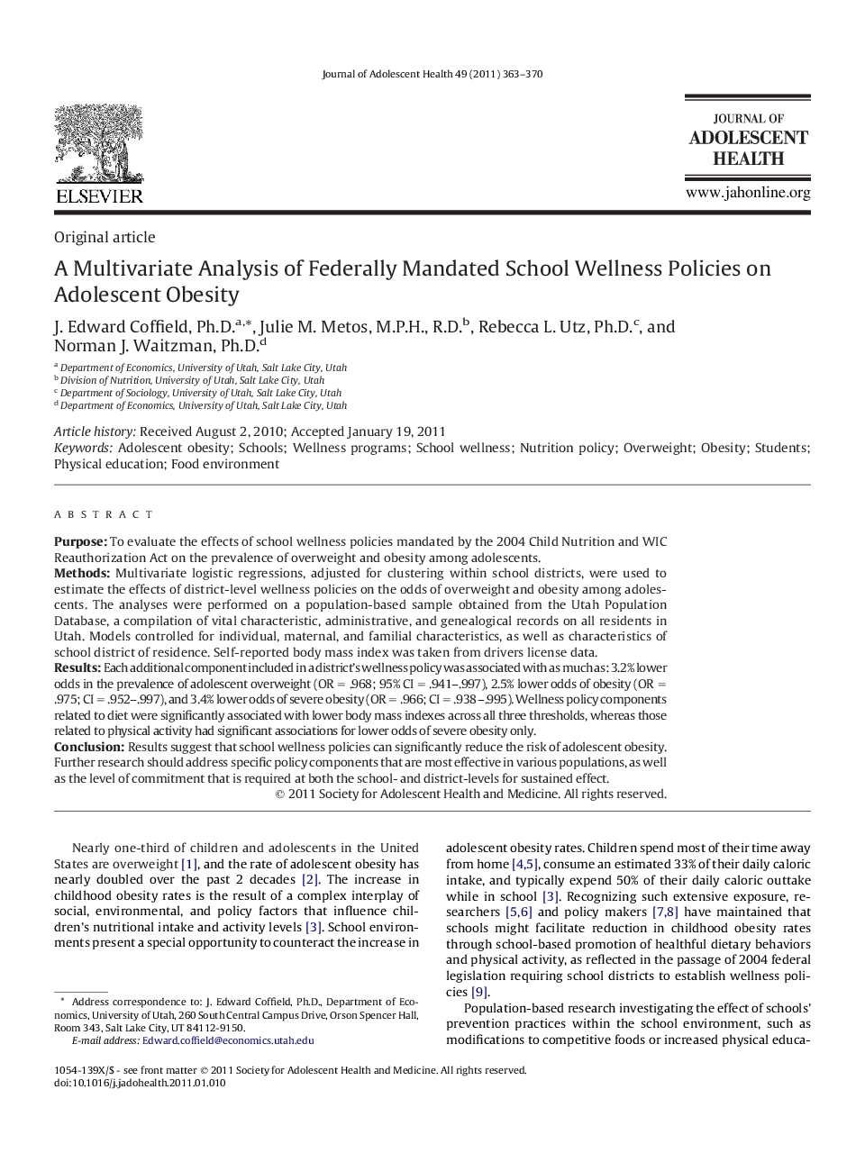 A Multivariate Analysis of Federally Mandated School Wellness Policies on Adolescent Obesity