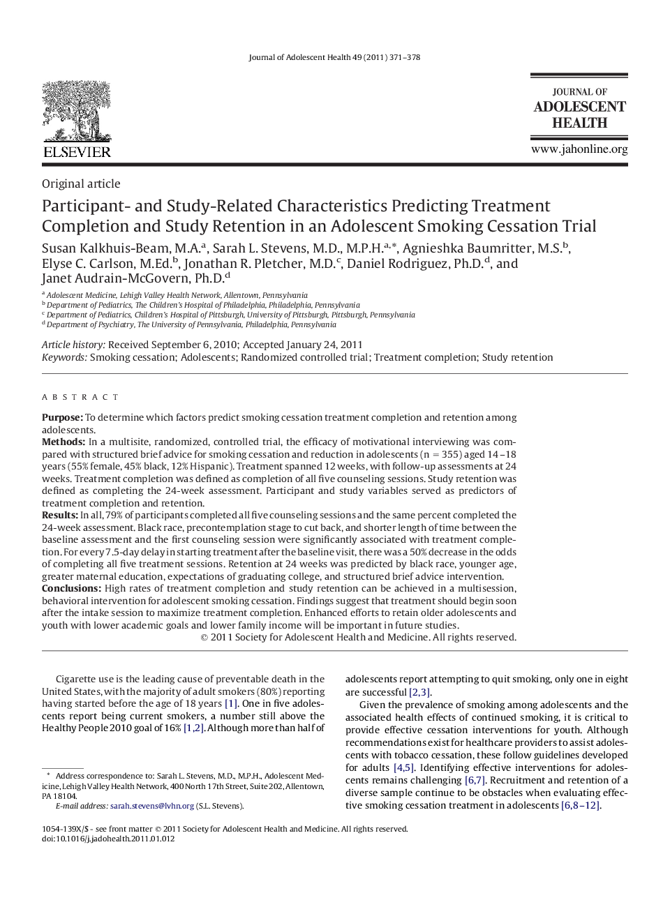 Participant- and Study-Related Characteristics Predicting Treatment Completion and Study Retention in an Adolescent Smoking Cessation Trial