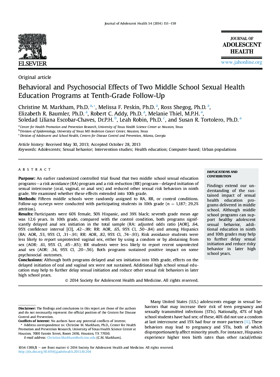 Behavioral and Psychosocial Effects of Two Middle School Sexual Health Education Programs at Tenth-Grade Follow-Up 