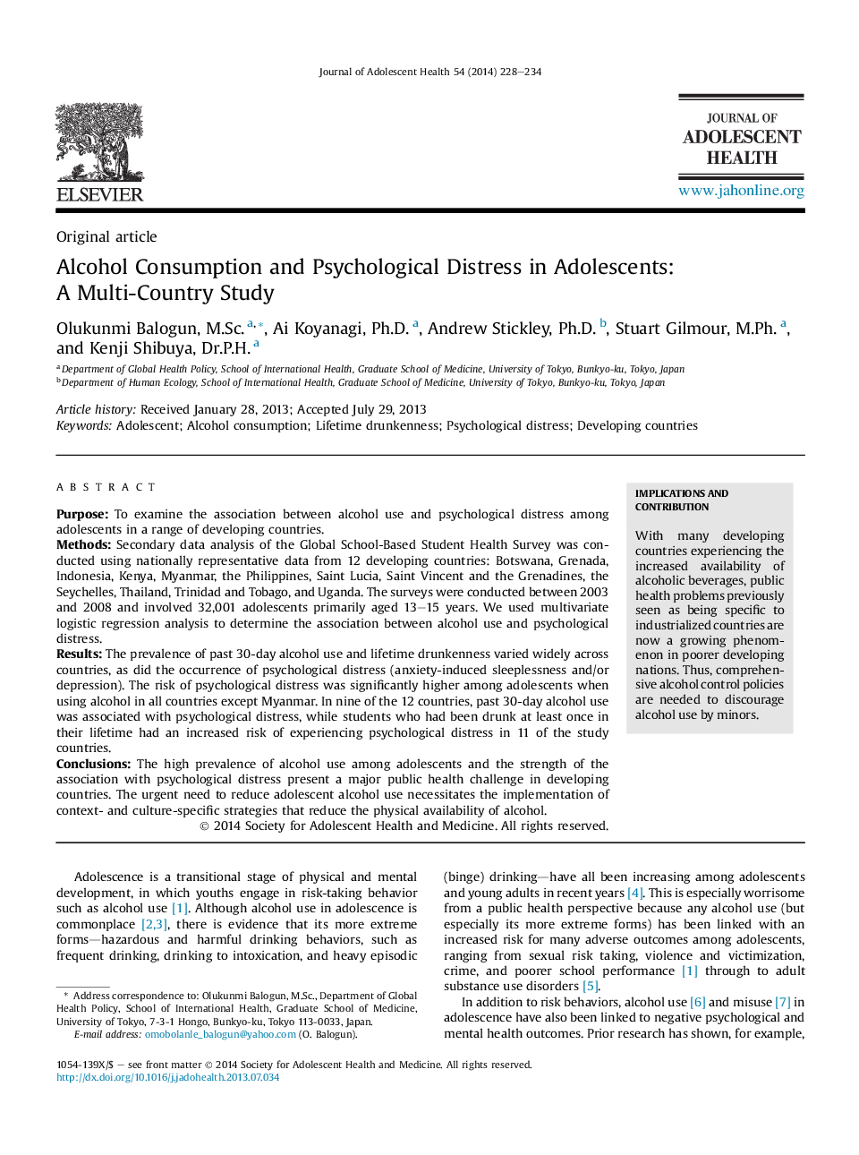 Alcohol Consumption and Psychological Distress in Adolescents: A Multi-Country Study