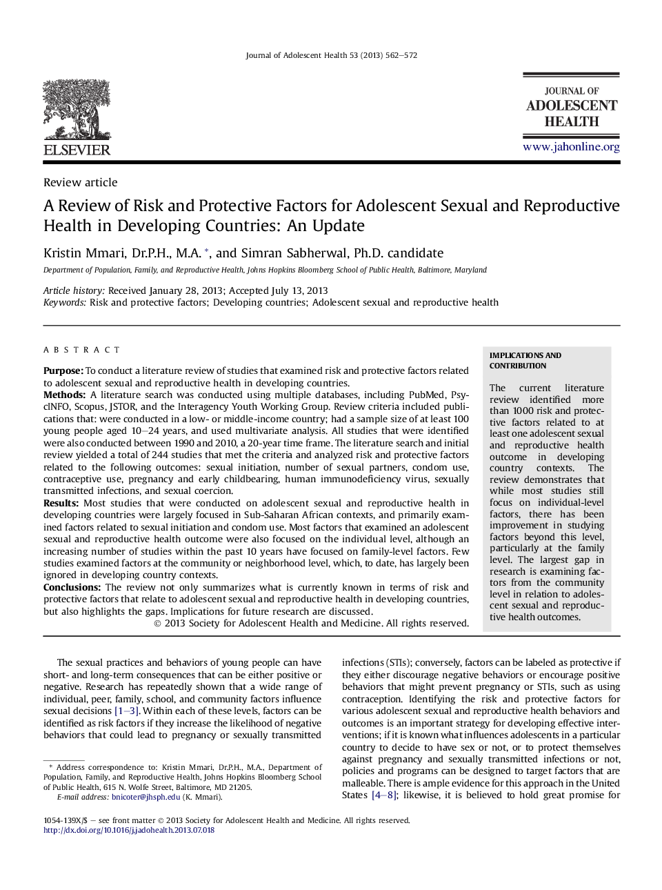 A Review of Risk and Protective Factors for Adolescent Sexual and Reproductive Health in Developing Countries: An Update