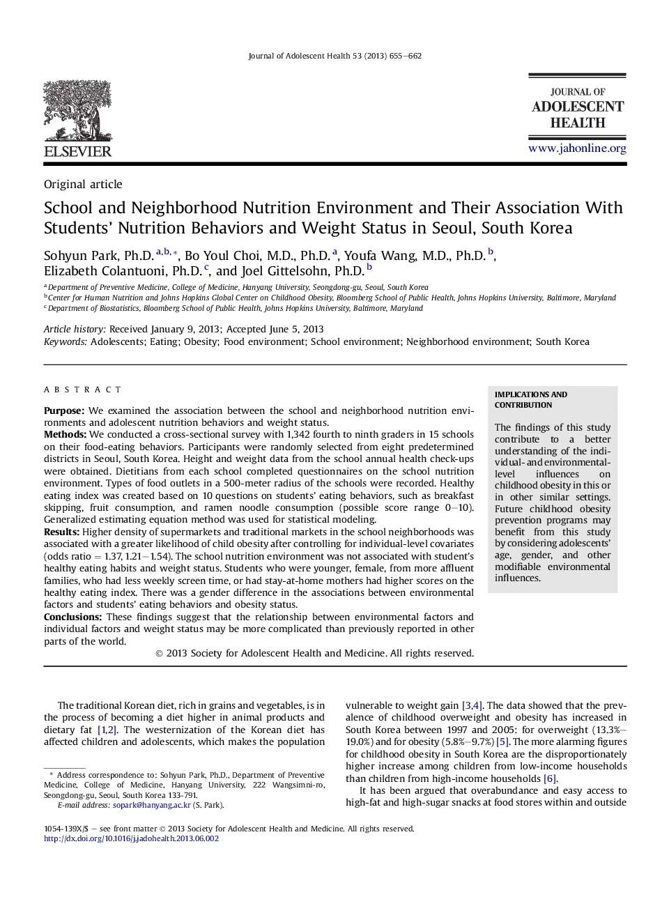 School and Neighborhood Nutrition Environment and Their Association With Students' Nutrition Behaviors and Weight Status in Seoul, South Korea