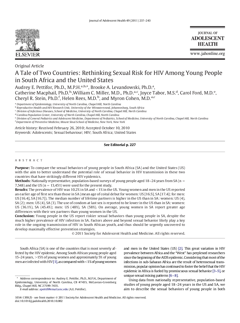 A Tale of Two Countries: Rethinking Sexual Risk for HIV Among Young People in South Africa and the United States