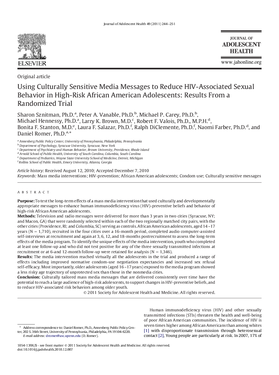 Using Culturally Sensitive Media Messages to Reduce HIV-Associated Sexual Behavior in High-Risk African American Adolescents: Results From a Randomized Trial