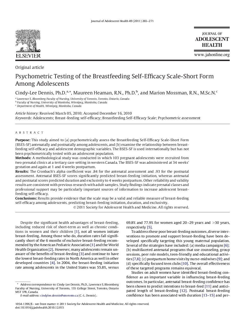 Psychometric Testing of the Breastfeeding Self-Efficacy Scale-Short Form Among Adolescents