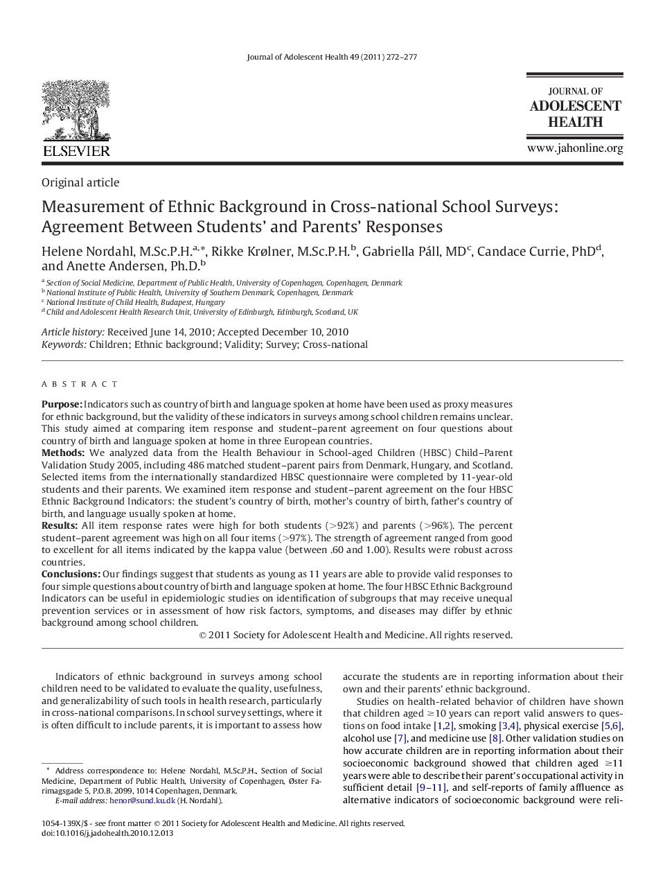 Measurement of Ethnic Background in Cross-national School Surveys: Agreement Between Students' and Parents' Responses