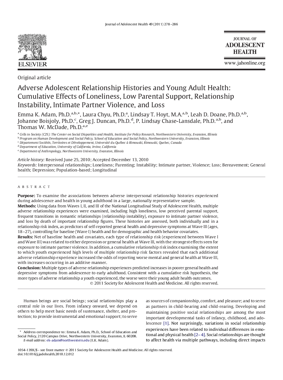 Adverse Adolescent Relationship Histories and Young Adult Health: Cumulative Effects of Loneliness, Low Parental Support, Relationship Instability, Intimate Partner Violence, and Loss