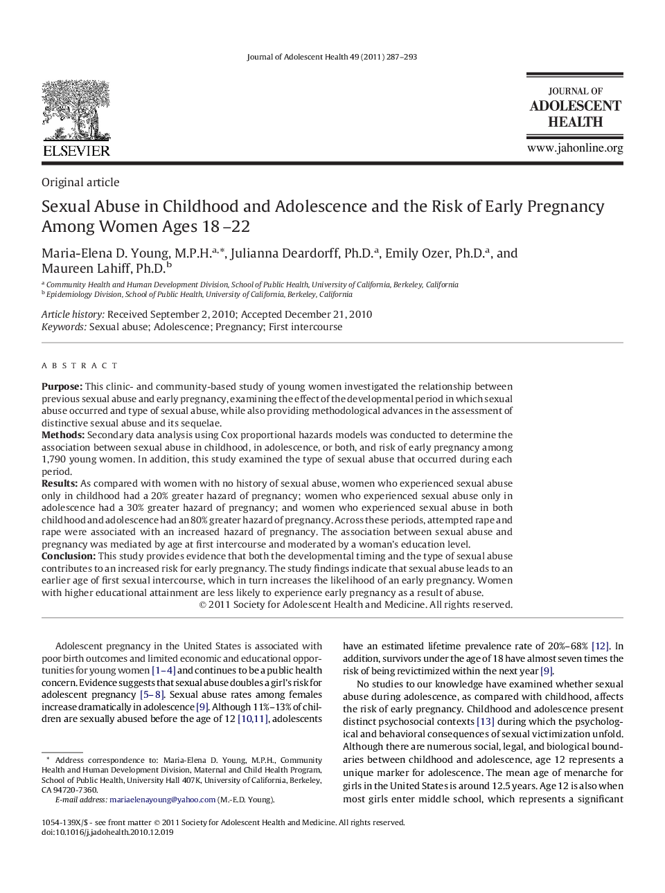 Sexual Abuse in Childhood and Adolescence and the Risk of Early Pregnancy Among Women Ages 18–22