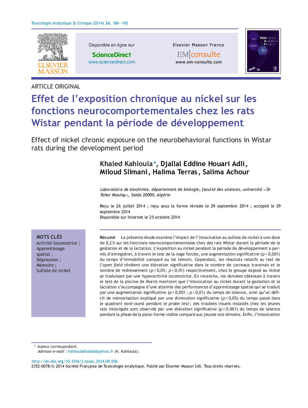 Effet de l'exposition chronique au nickel sur les fonctions neurocomportementales chez les rats Wistar pendant la période de développement