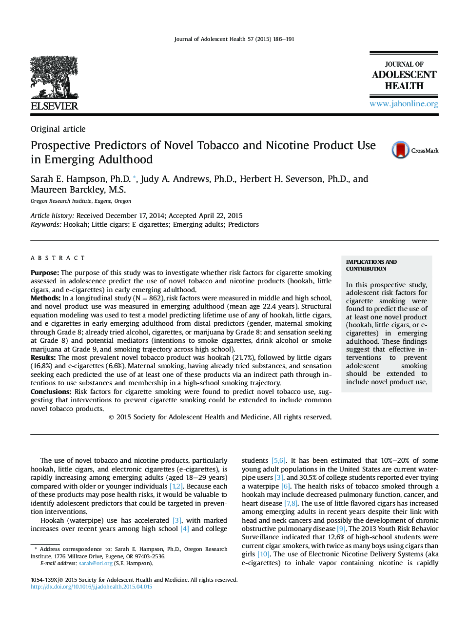 Prospective Predictors of Novel Tobacco and Nicotine Product Use in Emerging Adulthood