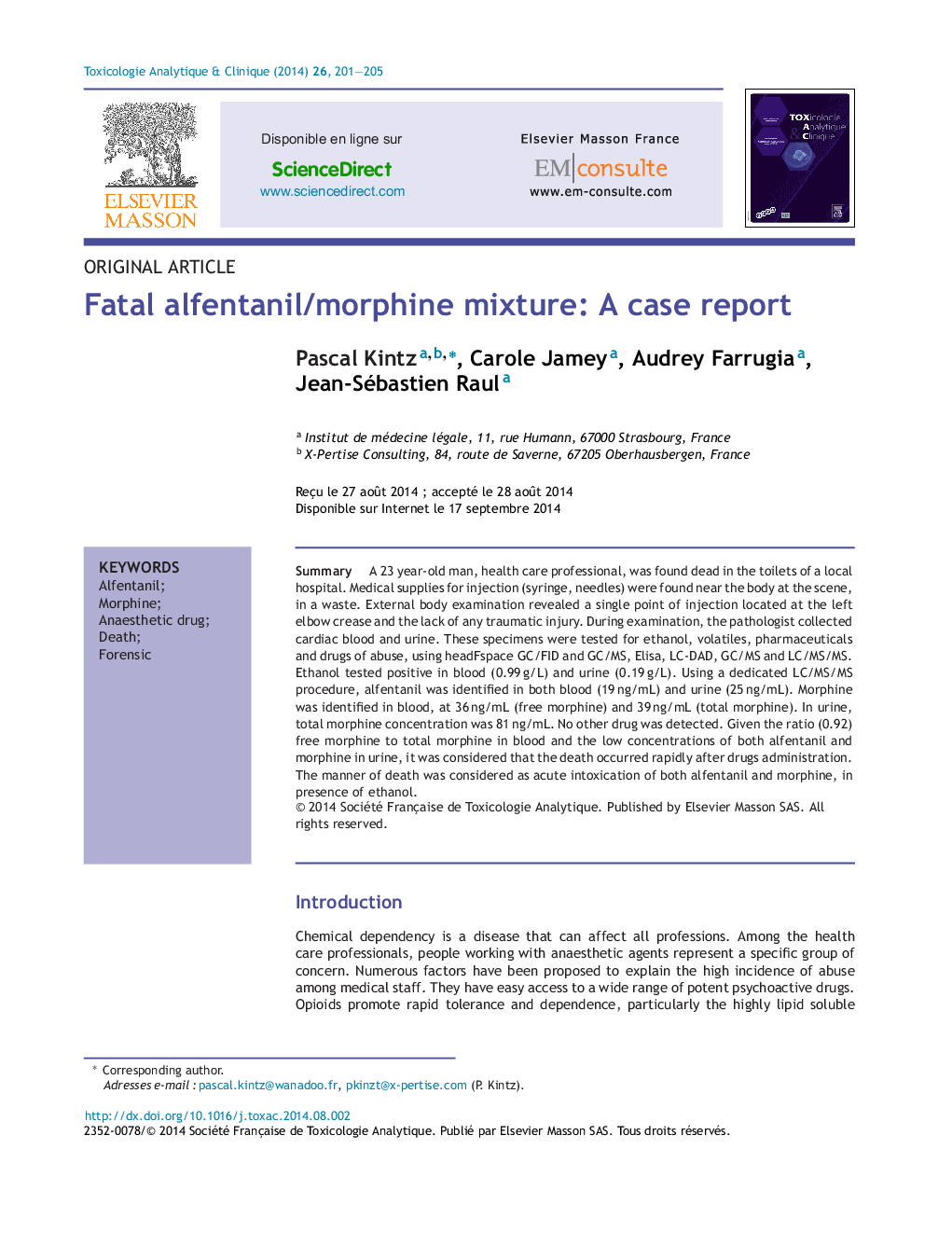 Fatal alfentanil/morphine mixture: A case report