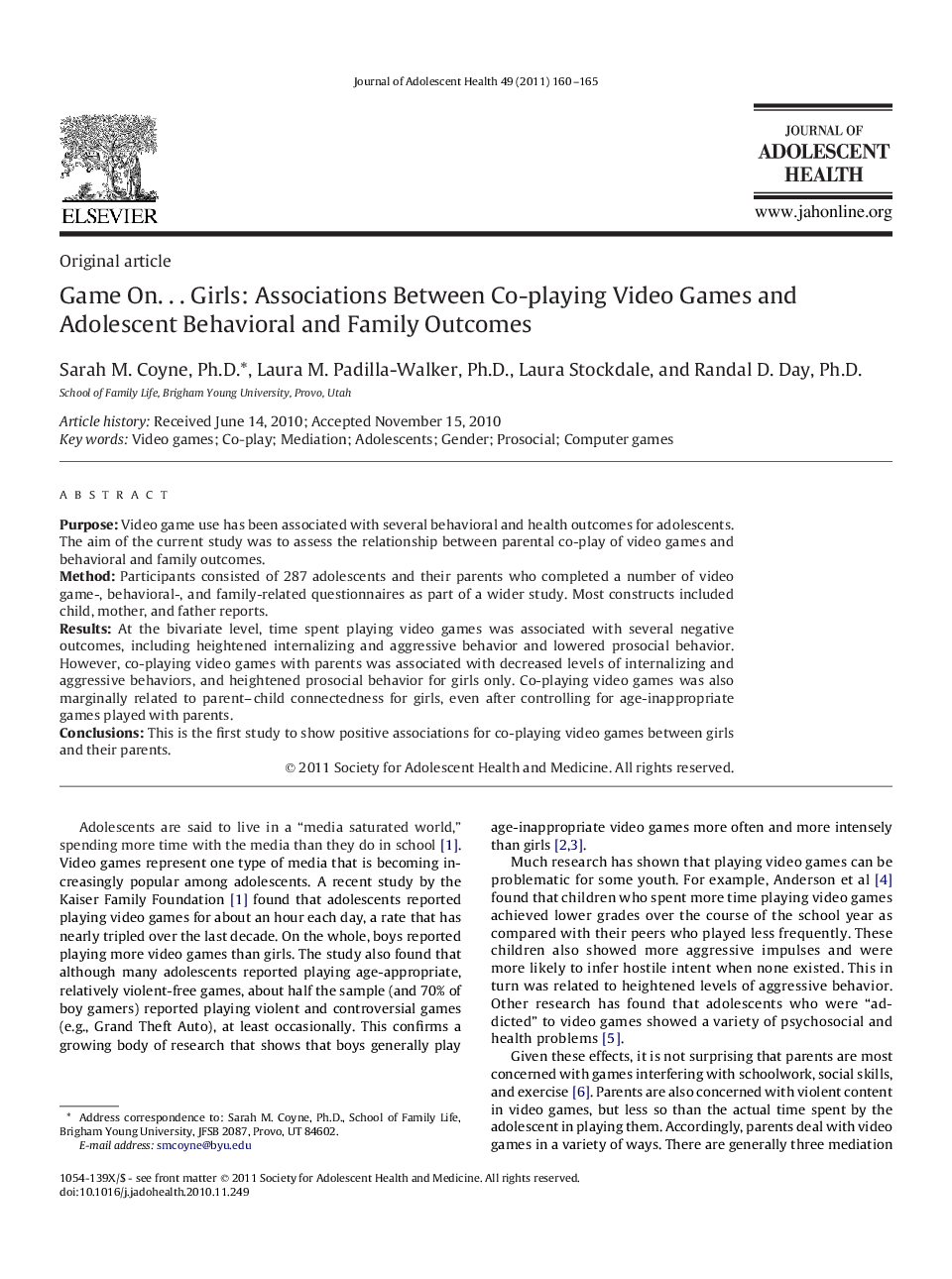 Game On… Girls: Associations Between Co-playing Video Games and Adolescent Behavioral and Family Outcomes