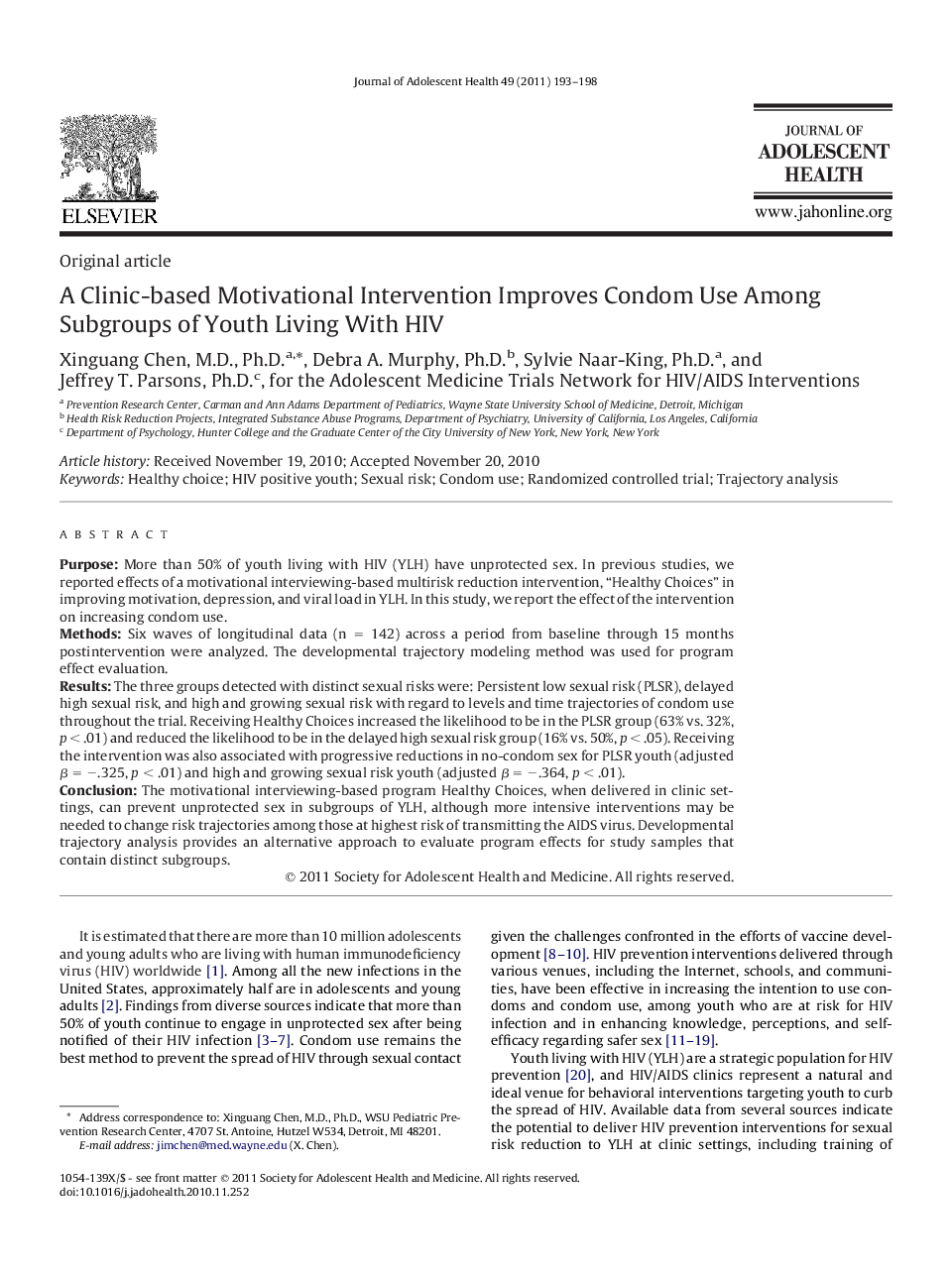 A Clinic-based Motivational Intervention Improves Condom Use Among Subgroups of Youth Living With HIV