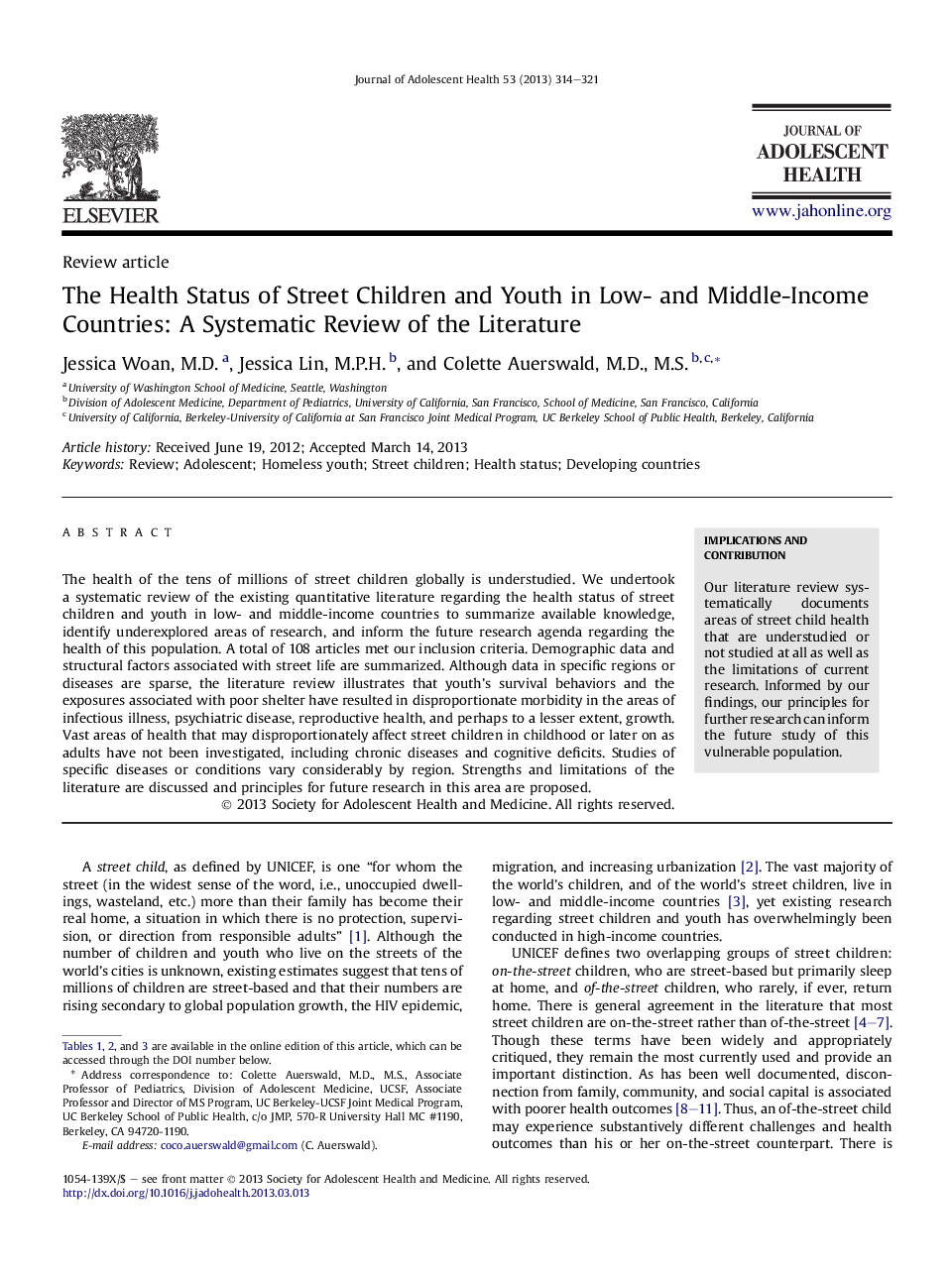 The Health Status of Street Children and Youth in Low- and Middle-Income Countries: A Systematic Review of the Literature