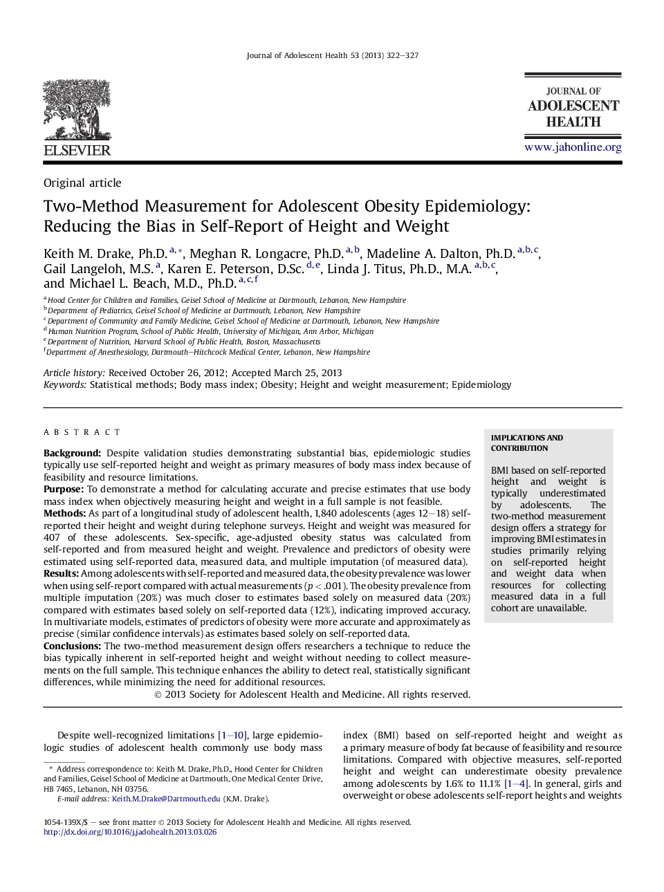 Two-Method Measurement for Adolescent Obesity Epidemiology: Reducing the Bias in Self-Report of Height and Weight