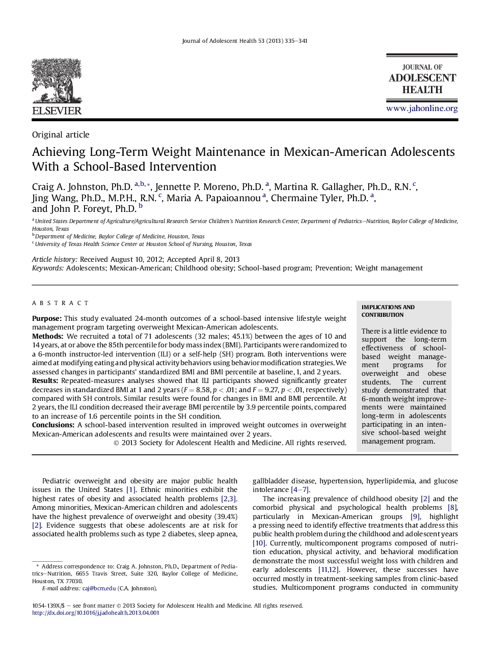 Achieving Long-Term Weight Maintenance in Mexican-American Adolescents With a School-Based Intervention