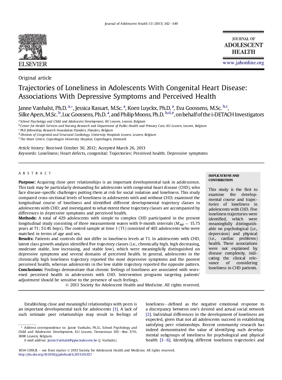 Trajectories of Loneliness in Adolescents With Congenital Heart Disease: Associations With Depressive Symptoms and Perceived Health