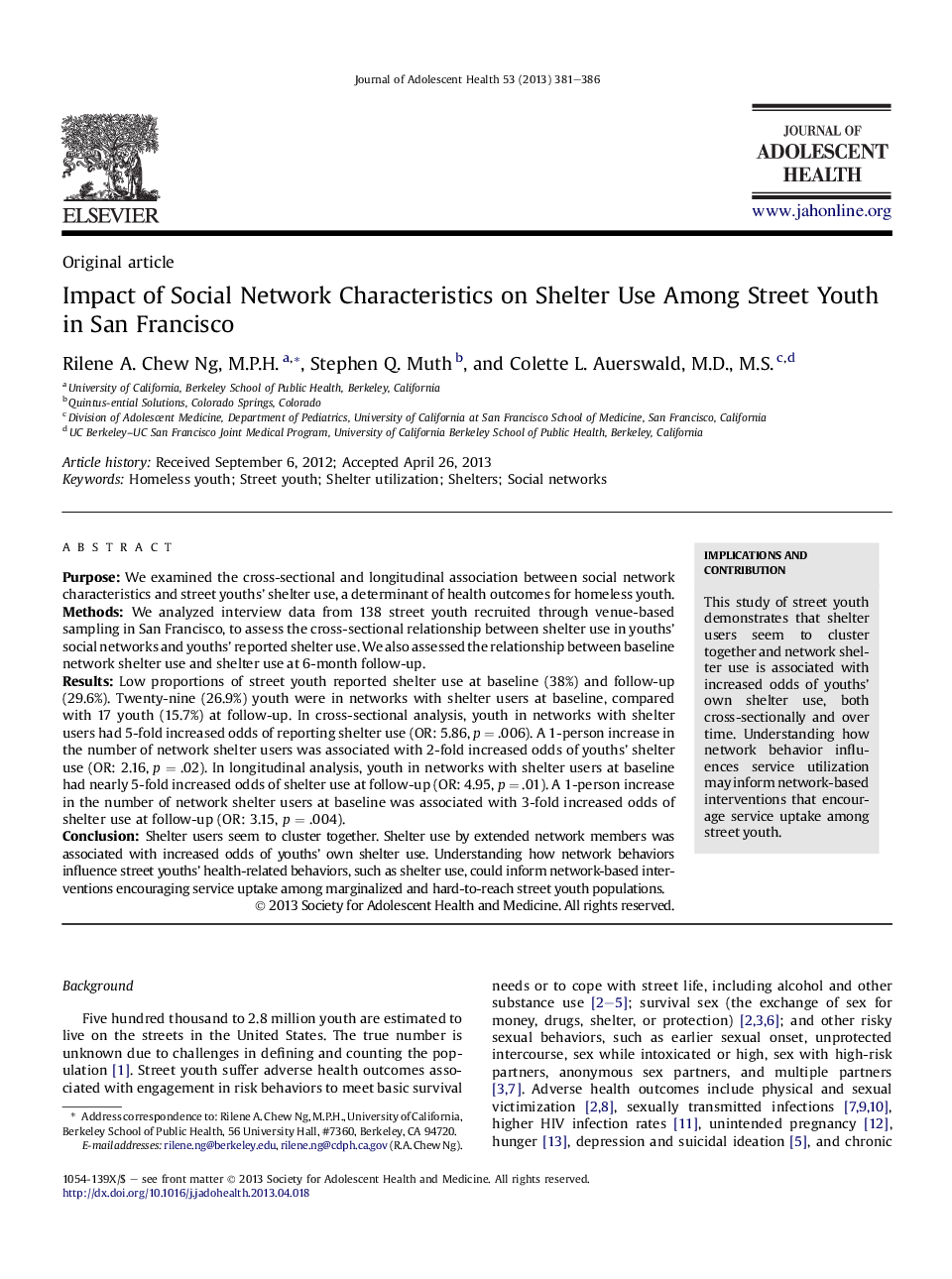 Impact of Social Network Characteristics on Shelter Use Among Street Youth in San Francisco