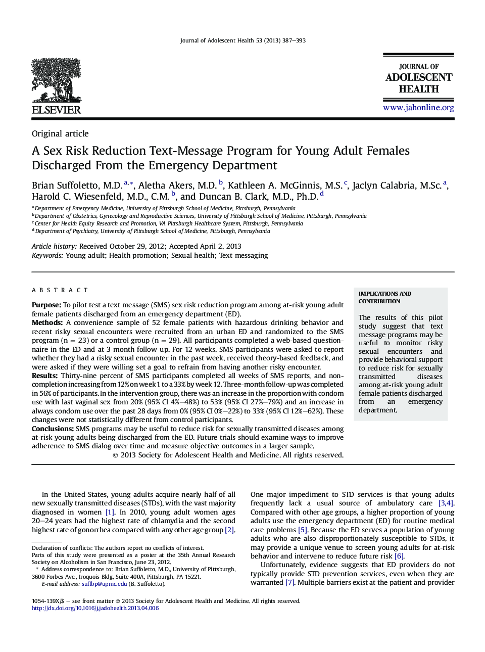 A Sex Risk Reduction Text-Message Program for Young Adult Females Discharged From the Emergency Department 