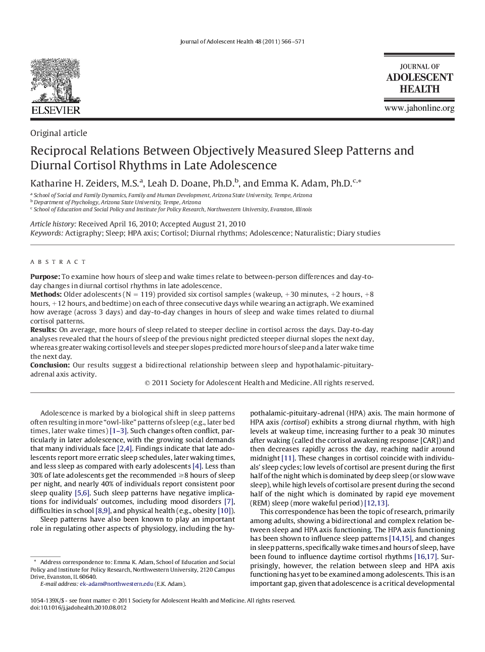 Reciprocal Relations Between Objectively Measured Sleep Patterns and Diurnal Cortisol Rhythms in Late Adolescence