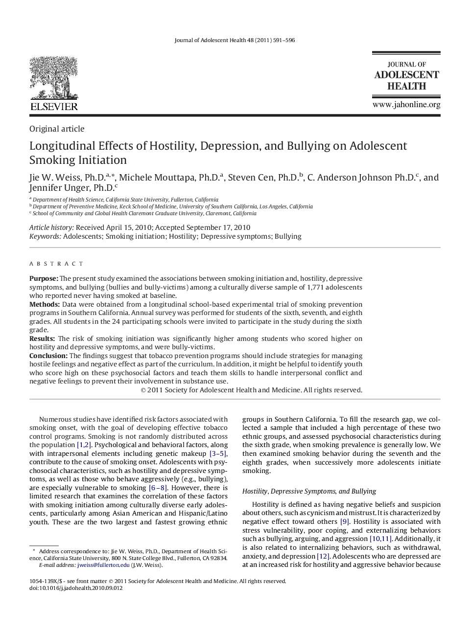 Longitudinal Effects of Hostility, Depression, and Bullying on Adolescent Smoking Initiation