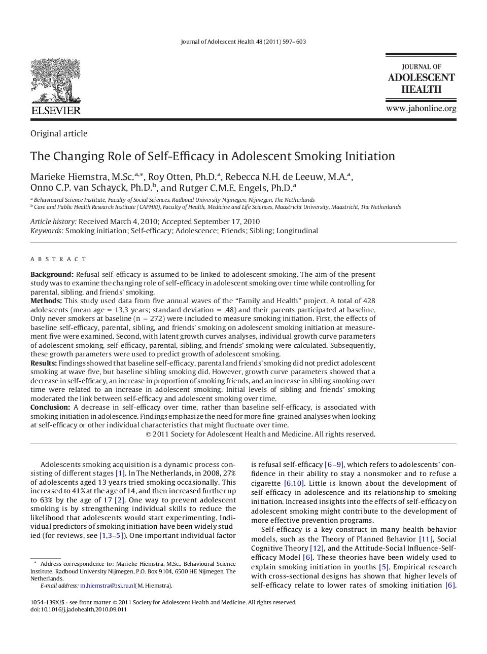 The Changing Role of Self-Efficacy in Adolescent Smoking Initiation