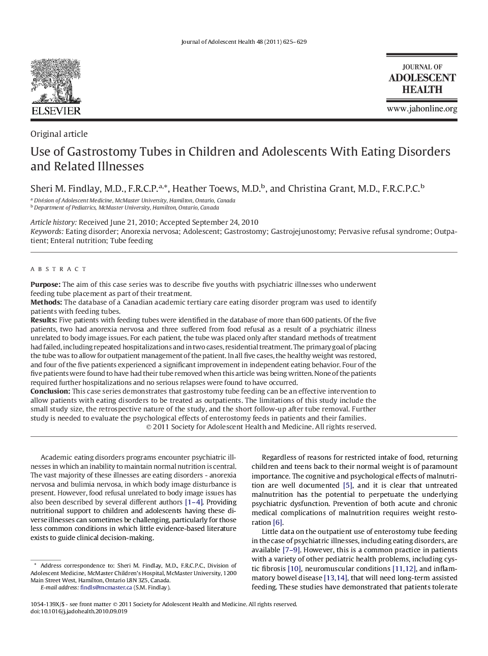 Use of Gastrostomy Tubes in Children and Adolescents With Eating Disorders and Related Illnesses