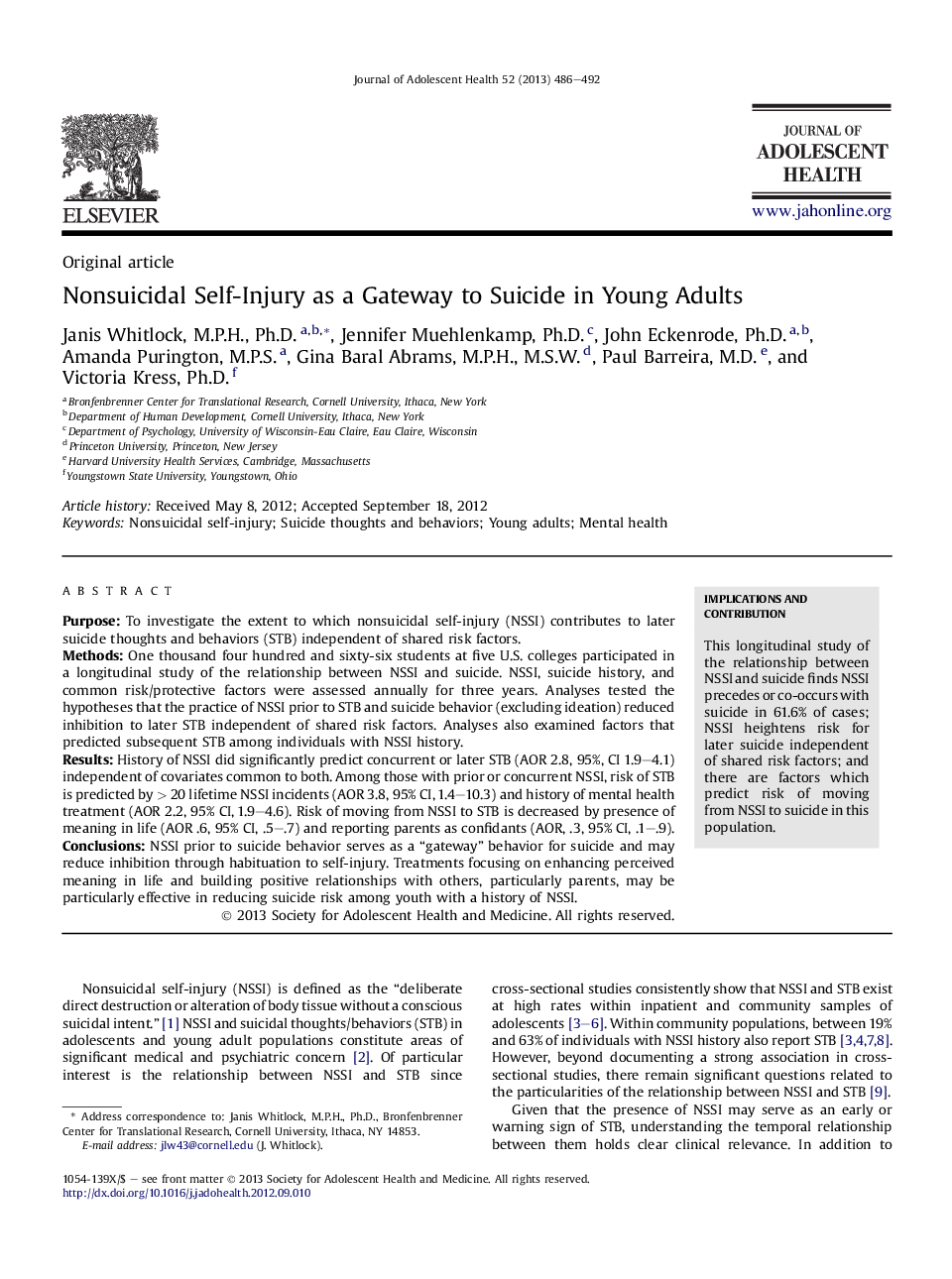 Nonsuicidal Self-Injury as a Gateway to Suicide in Young Adults