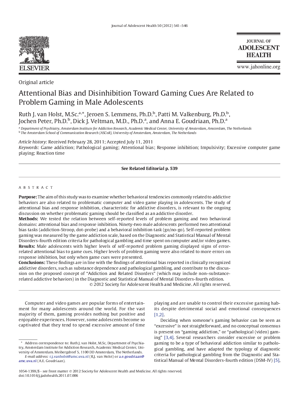 Attentional Bias and Disinhibition Toward Gaming Cues Are Related to Problem Gaming in Male Adolescents